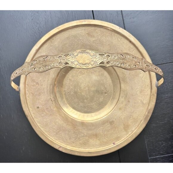 Bard's Brass LID 10-1/2" Plate W Etched Moveable Handle Dish Tray Pattina - Picture 4 of 14